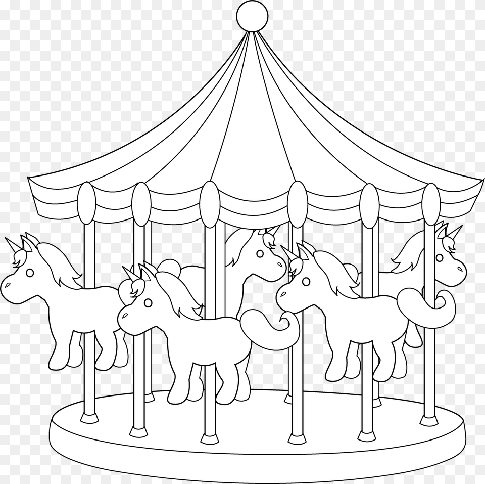 Carnival Carousel Line Art Carousel Cartoon Black And White, Amusement Park, Play, Animal, Cattle Free Transparent Png