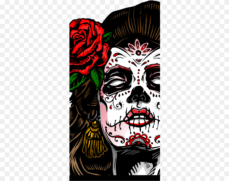 Cartel Mexican Bar And Grill Is Ready Dia De Los Muertos Woman With Skull R Two In One Pack, Rose, Flower, Plant, Art Png Image