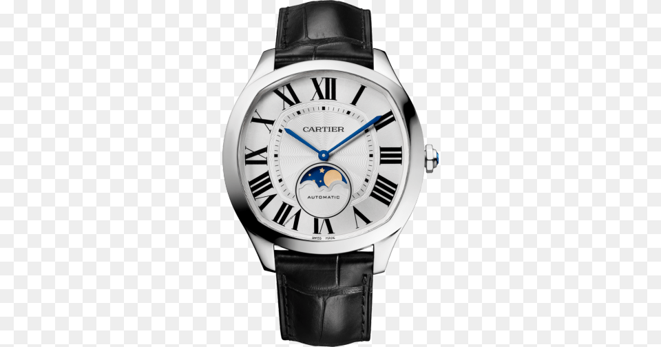 Cartier Drive De Cartier Moon Phases Watch Steel Leather, Arm, Body Part, Person, Wristwatch Png Image