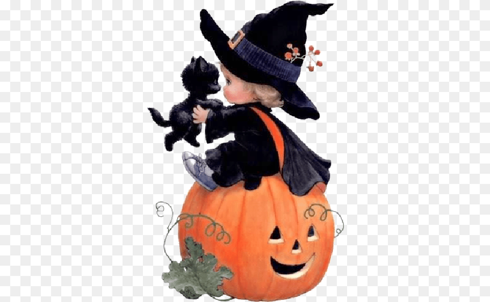 Cartoon Baby Witch With Black Catblack Hat Witches Ruth J Morehead Halloween, Vegetable, Pumpkin, Produce, Food Free Transparent Png