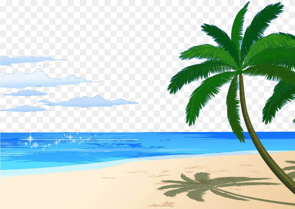 Cartoon Beach, Summer, Tree, Plant, Palm Tree Free Transparent Png