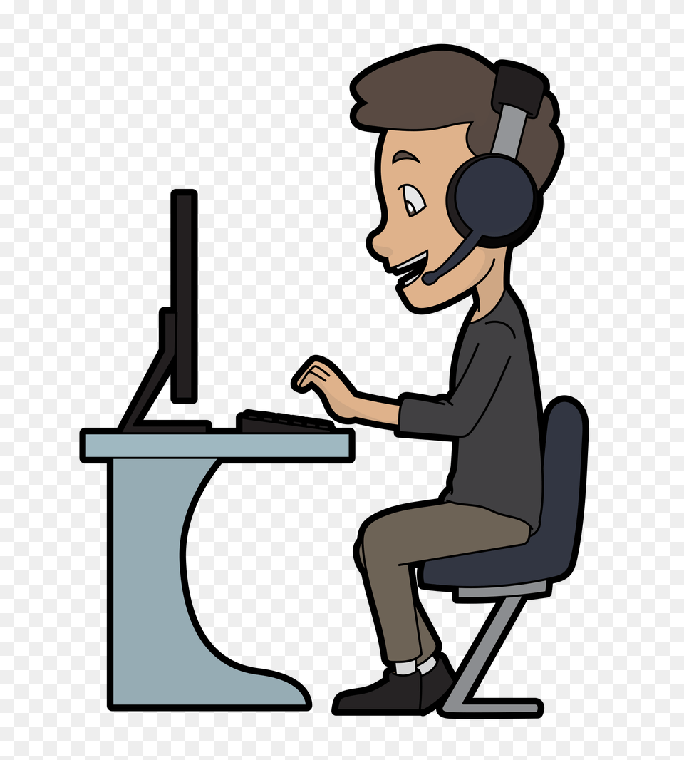 Cartoon Call Centre Guy Using A Computer, Person, Sitting, Face, Head Png Image