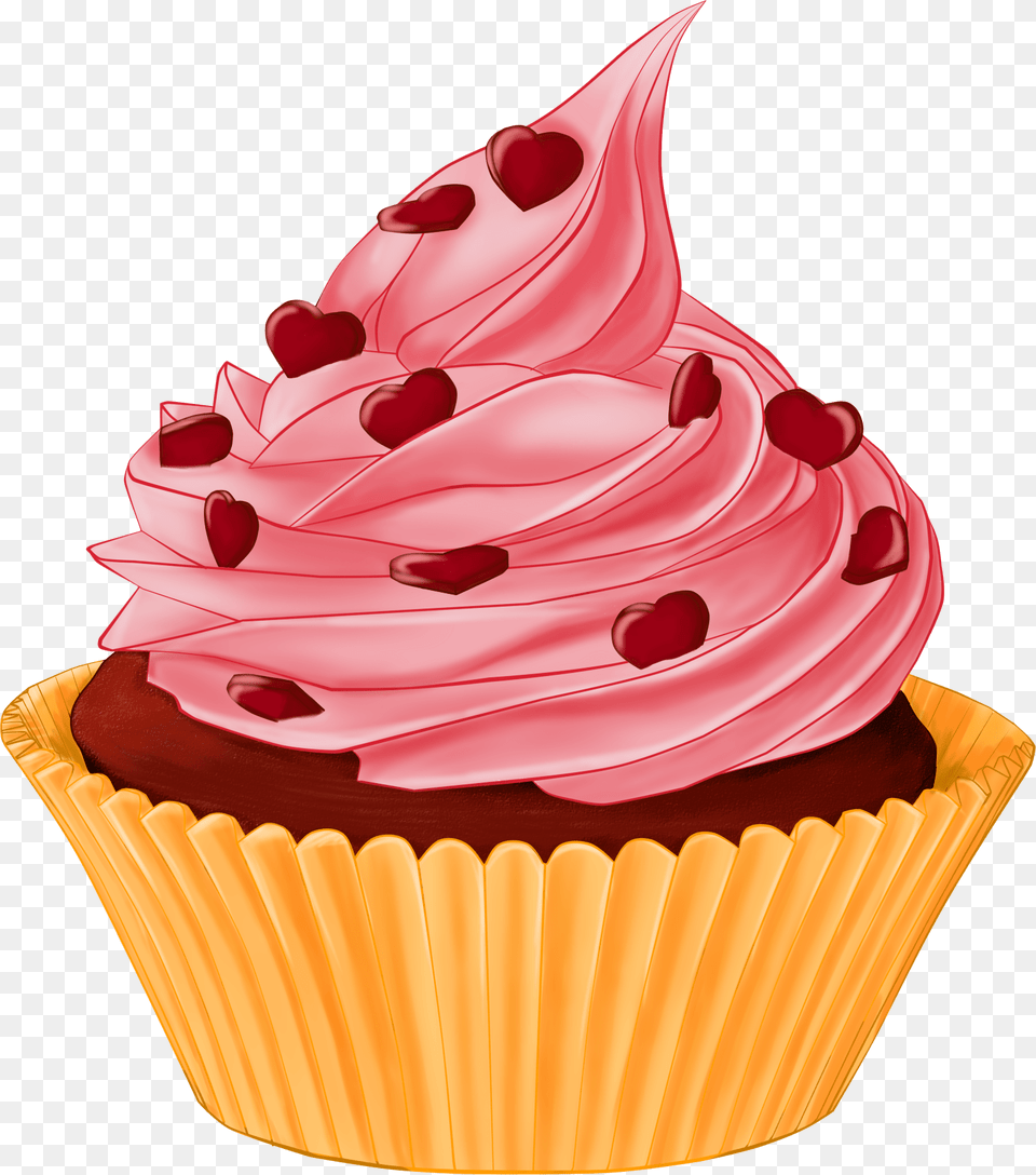 Cartoon Cupcake Heart Topping, Cake, Cream, Dessert, Food Png