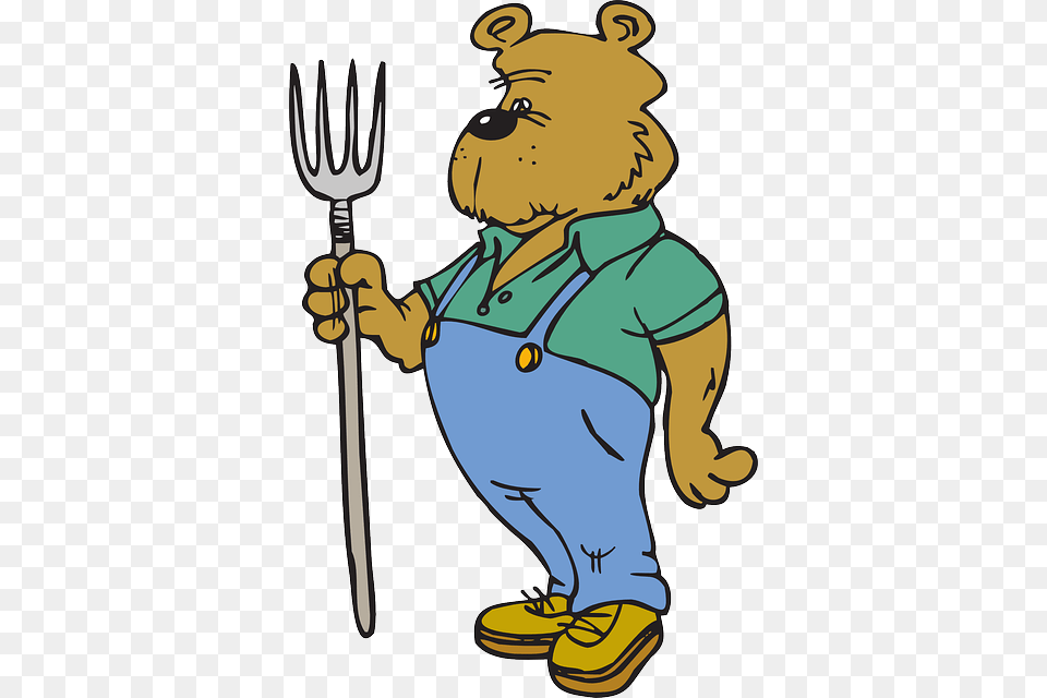 Cartoon Farm Tool Farmer Bear Clothes Pitchfork Cartoon Bear In Clothes, Cutlery, Baby, Person, Fork Free Png Download