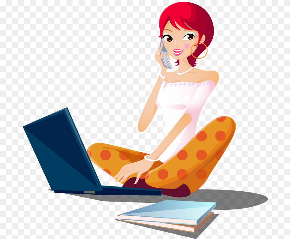 Cartoon Girl Call, Computer, Electronics, Laptop, Pc Free Png