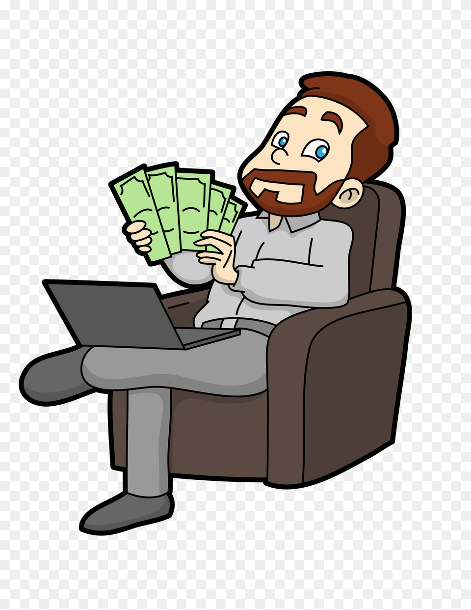 Cartoon Guy Counting Money He Made Online, Furniture, Person, Reading, Chair Free Png