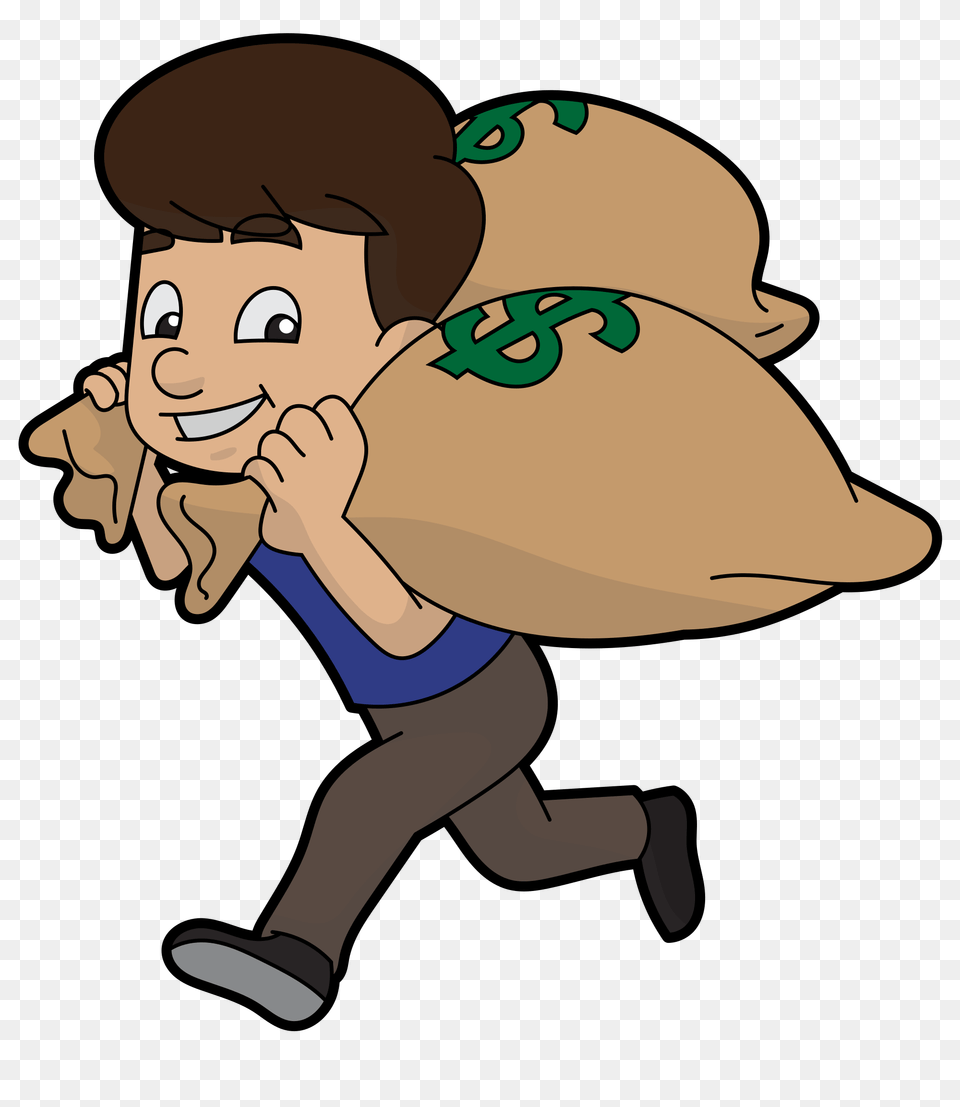 Cartoon Guy Runs Away With Bags Of Money, Baby, Person, Face, Head Free Png