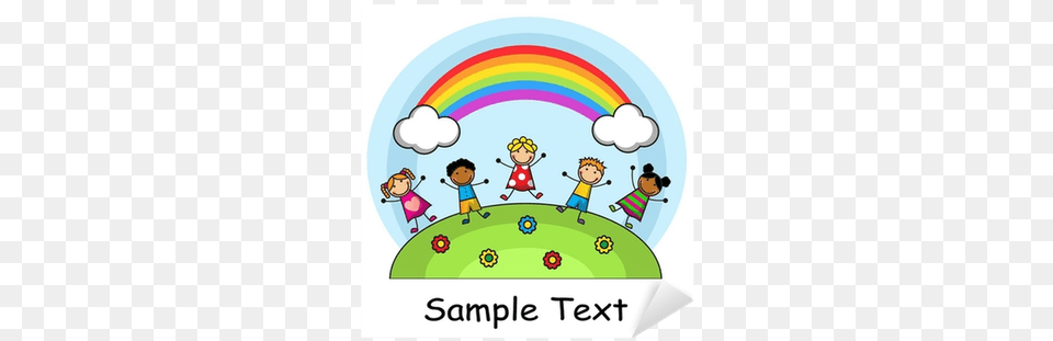 Cartoon Kids Jumping On The Background Of Sky And Rainbow Children Playing Clipart, Person, Baby, Face, Head Png Image