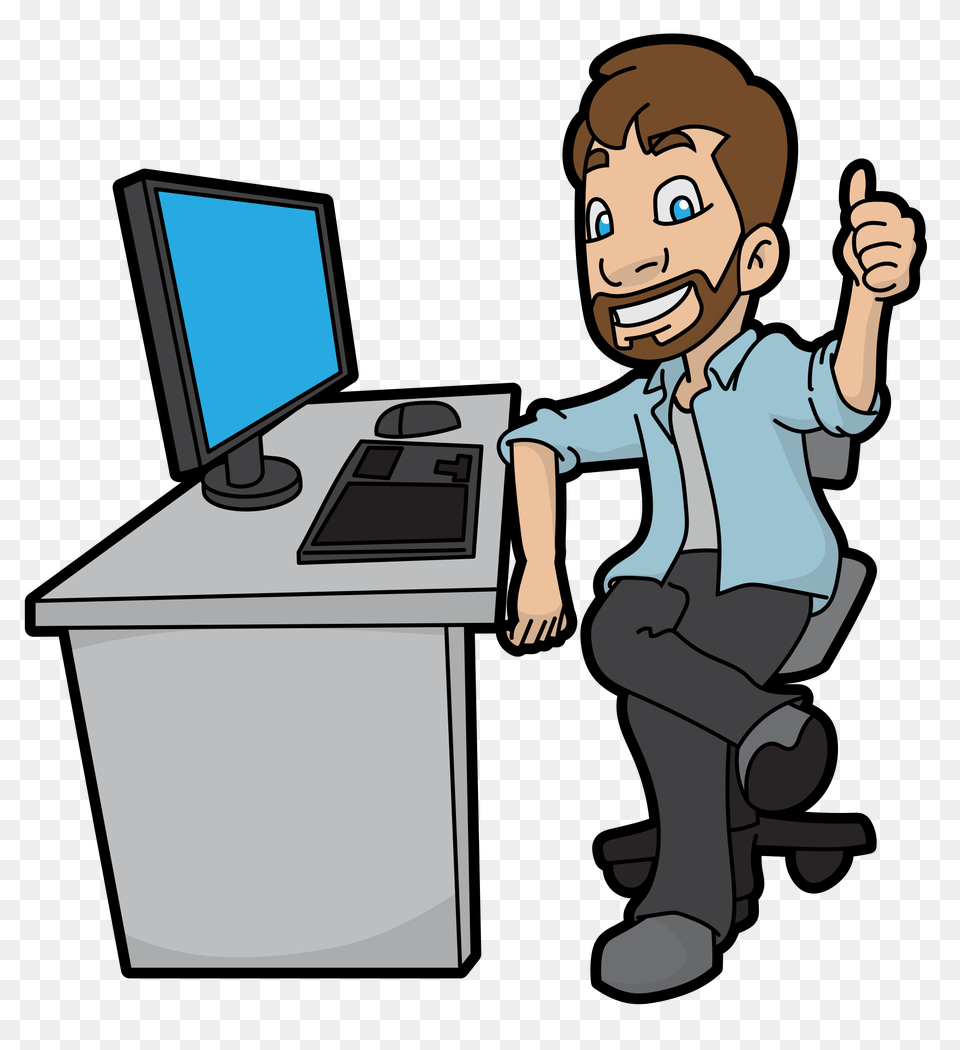 Cartoon Man Approving His New Computer, Baby, Person, Table, Furniture Free Transparent Png