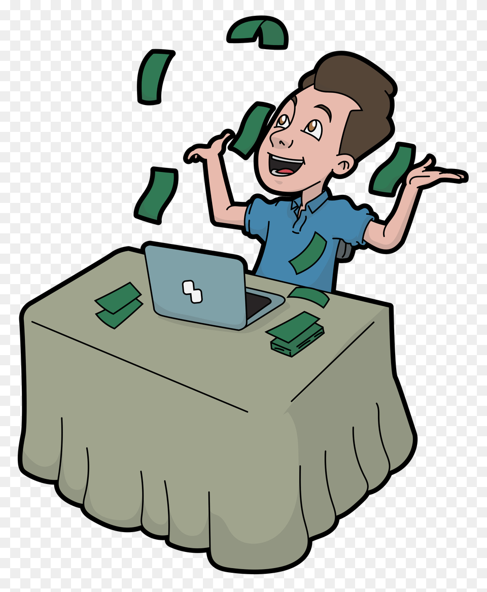 Cartoon Man Rejoicing With The Money Coming From The Computer, Baby, Person, Electronics, Face Free Transparent Png