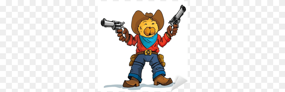 Cartoon Of A Bear Cowboy With Guns Drawn Sticker Cartoon Cowboy Silhouette, Firearm, Gun, Handgun, Weapon Free Png Download