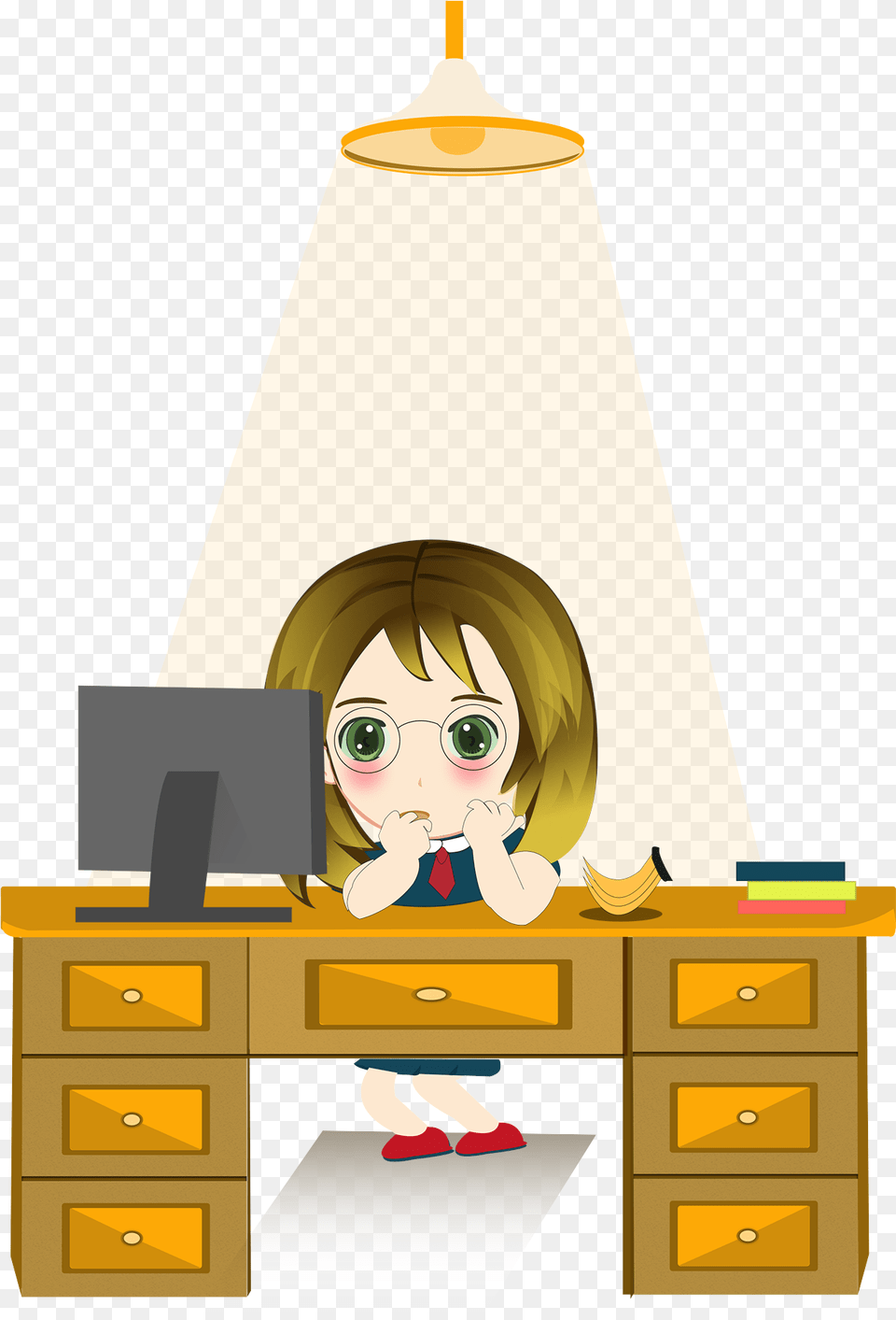 Cartoon Q Version Cute Female Love And Psd Cartoon, Furniture, Table, Desk, Lamp Png