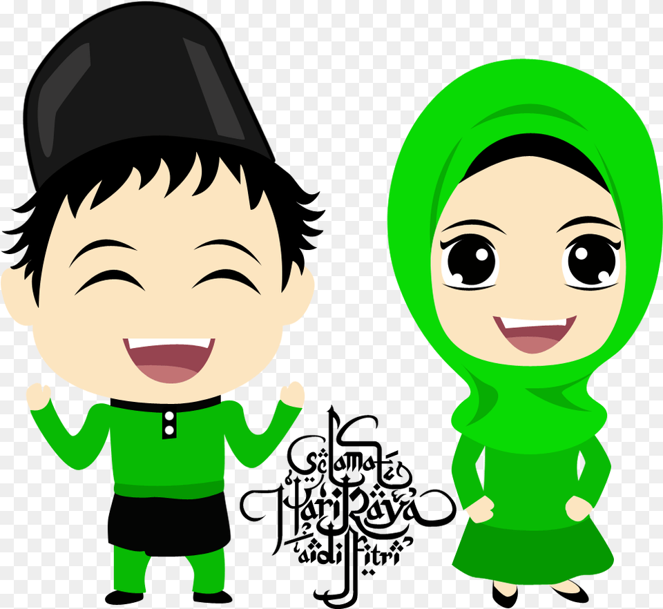 Cartoon Raya Aidilfitri Green Hijab Cartoon Couple Muslim Cartoon, Baby, Person, Elf, Face Free Transparent Png