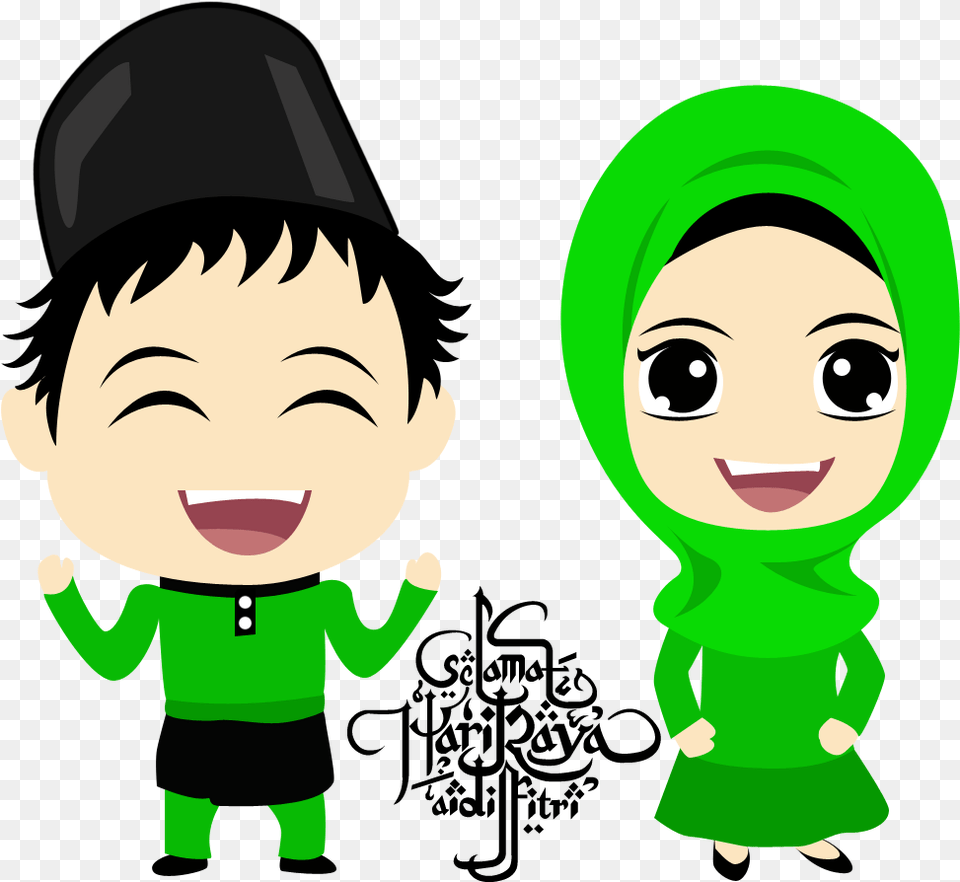 Cartoon Raya Aidilfitri Green Hijab Cartoon Eid Mubarak Cartoon, Baby, Person, Elf, Face Png Image