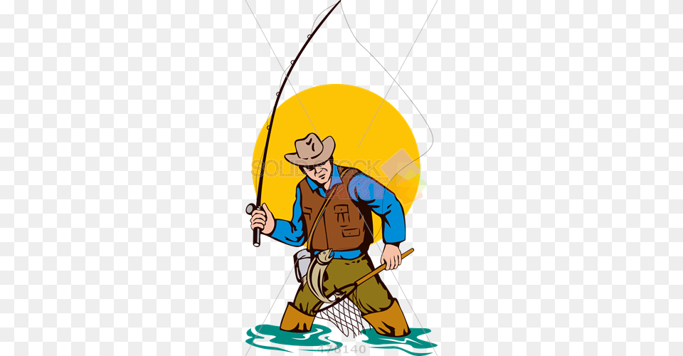 Cartoon Rendering Of Fisherman Fly Fishing Holding Fly Fishing Clip Art, Angler, Person, Outdoors, Leisure Activities Png Image