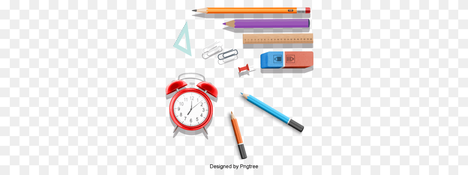 Cartoon Stationery Learning Supplies Border Material Cutout, Alarm Clock, Clock, Pen, Wristwatch Free Png Download