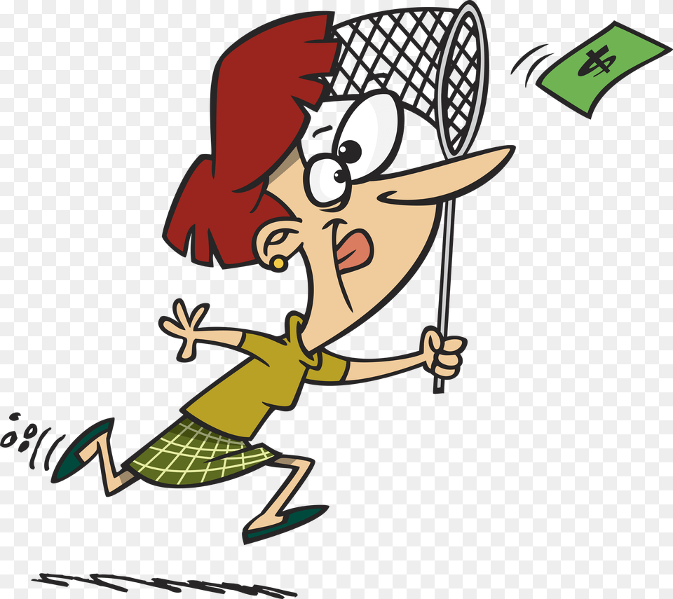 Cartoon Woman Chasing Money With A Butterfly Net Clipart, Badminton, Person, Sport Png Image