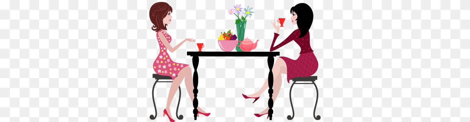 Cartoon Woman Having Coffee Together, Girl, Child, Potted Plant, Plant Png Image