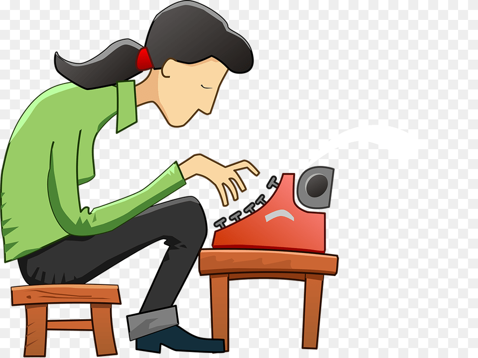 Cartoon Woman Using Typewriter Tim, Sitting, Person, Clothing, Hat Free Transparent Png