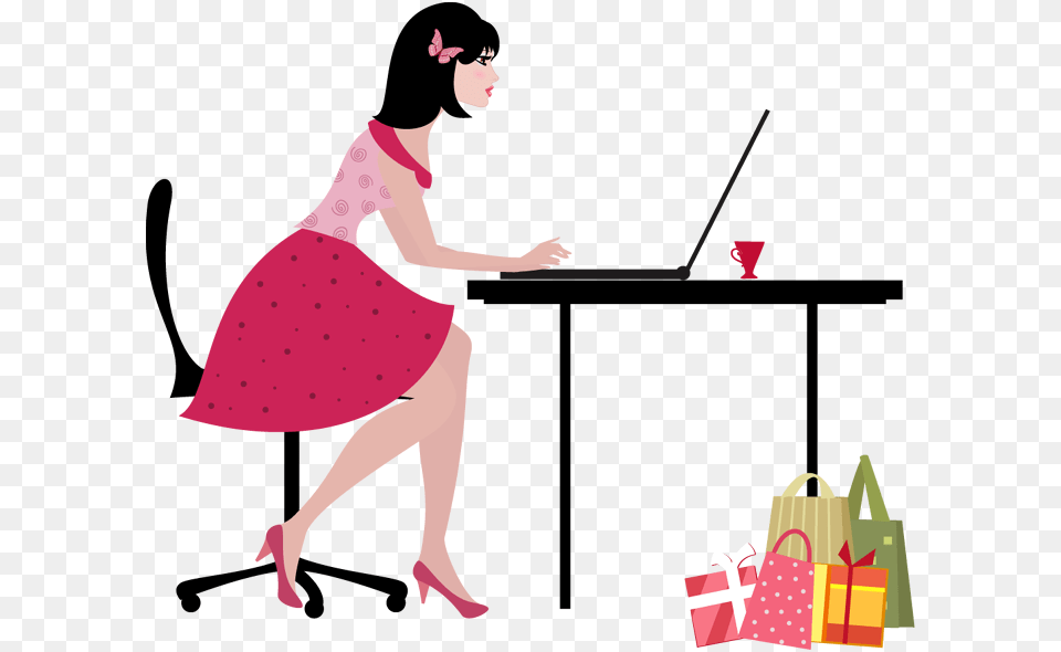 Cartoon Young Woman With Laptop Computer Shopping Online Kompyuter Dlya Zhenshin, Table, Desk, Furniture, Adult Free Png Download