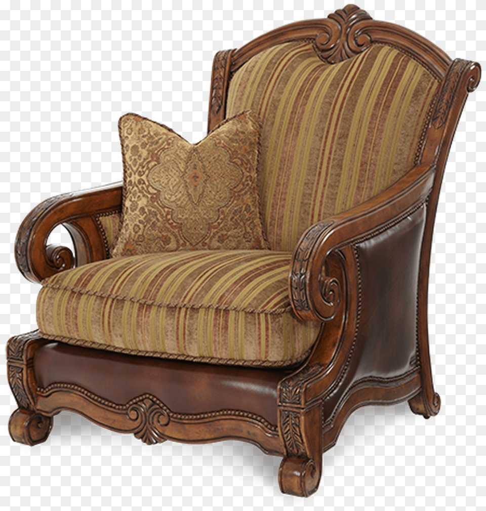 Carved Frame Brown Leather Gold Stripe Patterned Fabric Club Chair, Furniture, Armchair, Cushion, Home Decor Free Transparent Png