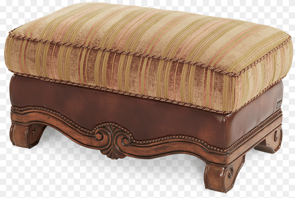 Carved Wood Frame Brown Leather Gold Stripe Patterned Ottoman, Furniture Free Png Download