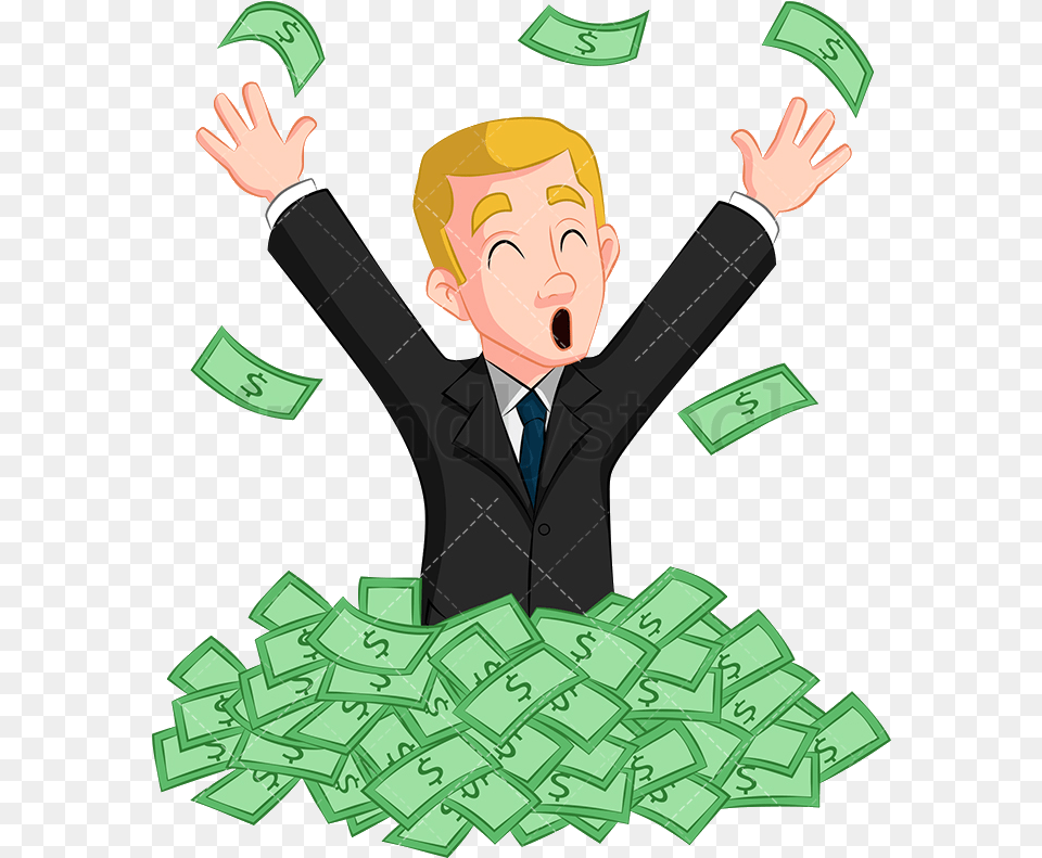 Cash A Victorious Businessman Standing In Mountain Pile Of Cash Cartoon, Person, Face, Head Free Transparent Png