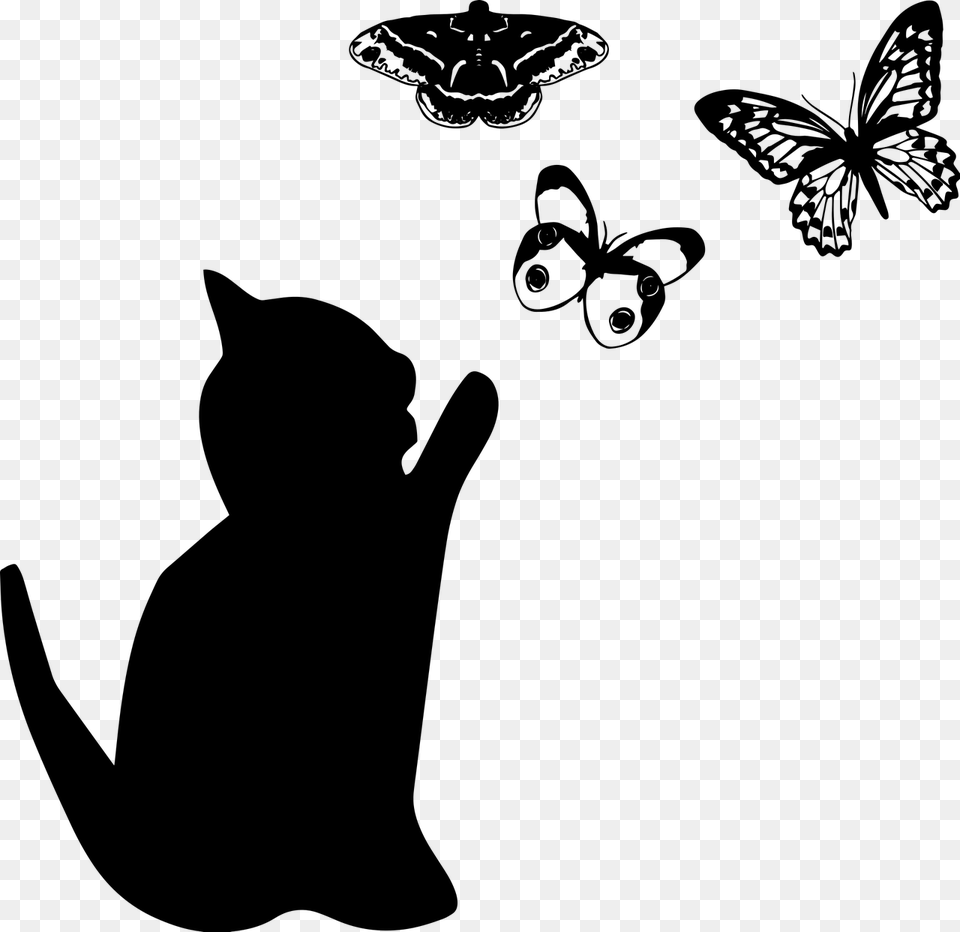 Cat And Butterflies Cat Silhouette Cats Silhouette Playing, Gray Free Transparent Png