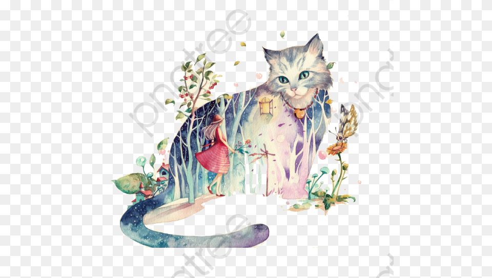 Cat Clipart Tree Cat Watercolor Draw, Art, Painting, Adult, Pet Png
