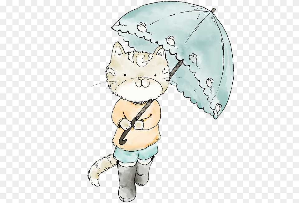 Cat Cute Cat Umbrella Cartoon Cat Character Rain Cute Good Morning Rainy, Canopy, Baby, Person, Head Png Image
