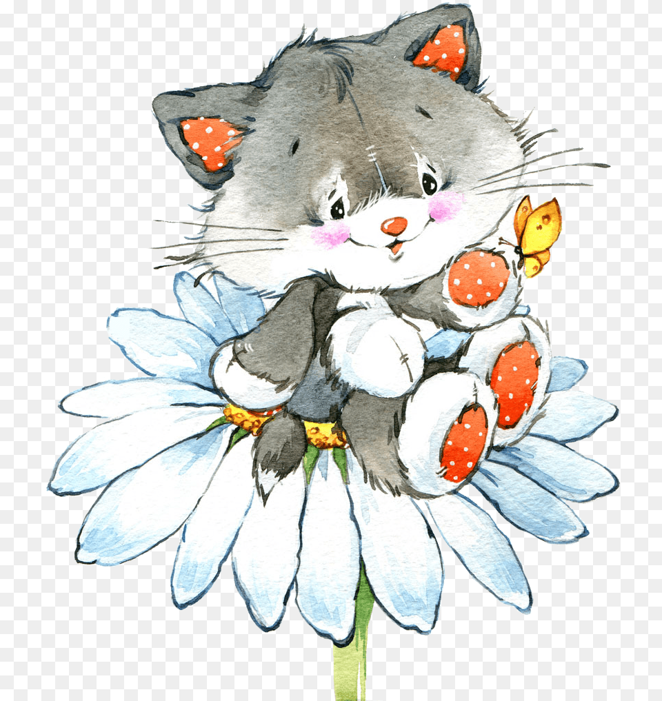 Cat Drawing Watercolor Painting Illustration Giclee Painting Intl39s Kitten On A Flower, Daisy, Plant, Art, Baby Free Png