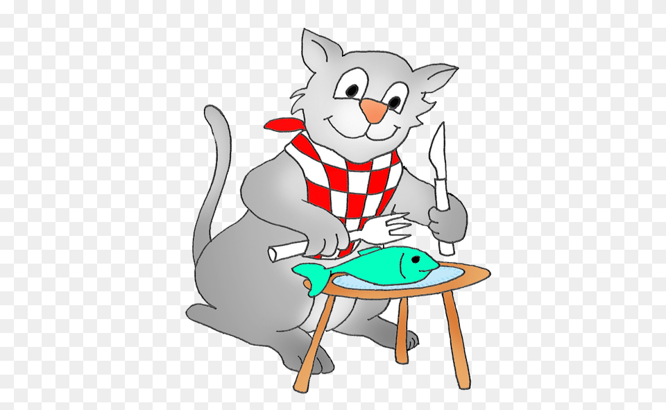 Cat Eating A Fish Clipart Animals Cats Fish, Cartoon, Baby, Person Png Image