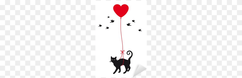 Cat Flying With Red Heart Balloon And Birds Framed, Animal, Mammal, Pet Free Png Download