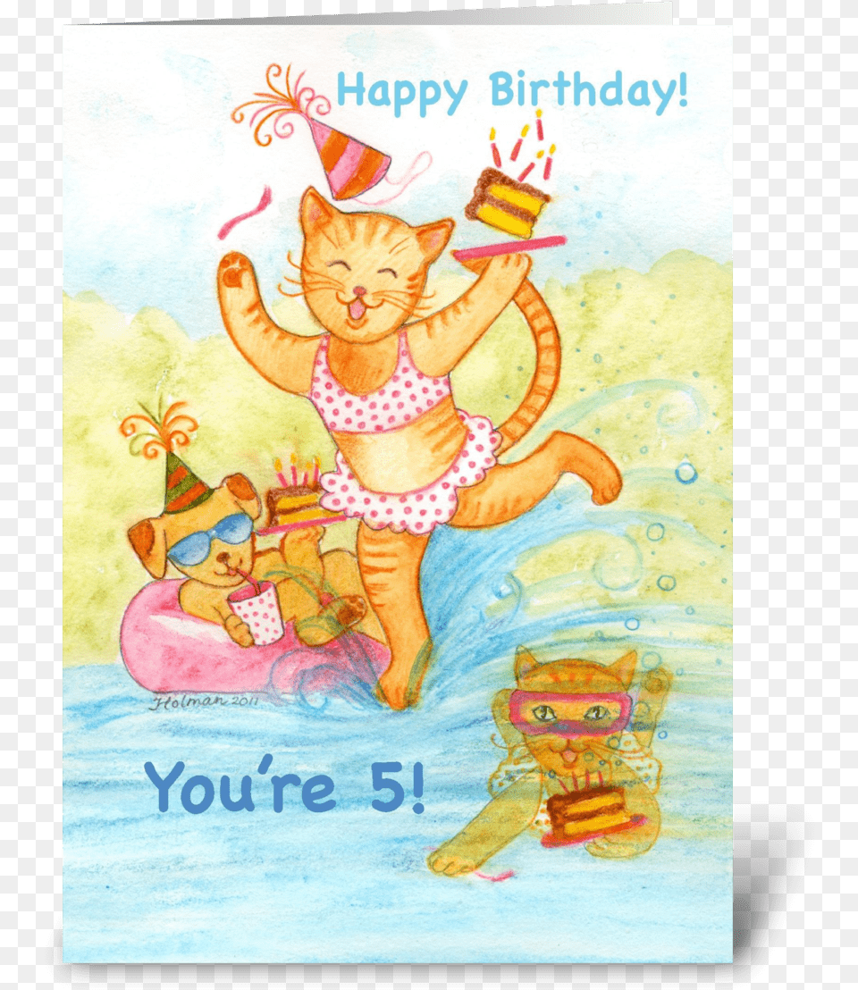 Cat In Pool Five Year Old Birthday Greeting Card Cartoon, Mail, Greeting Card, Envelope, Advertisement Png Image