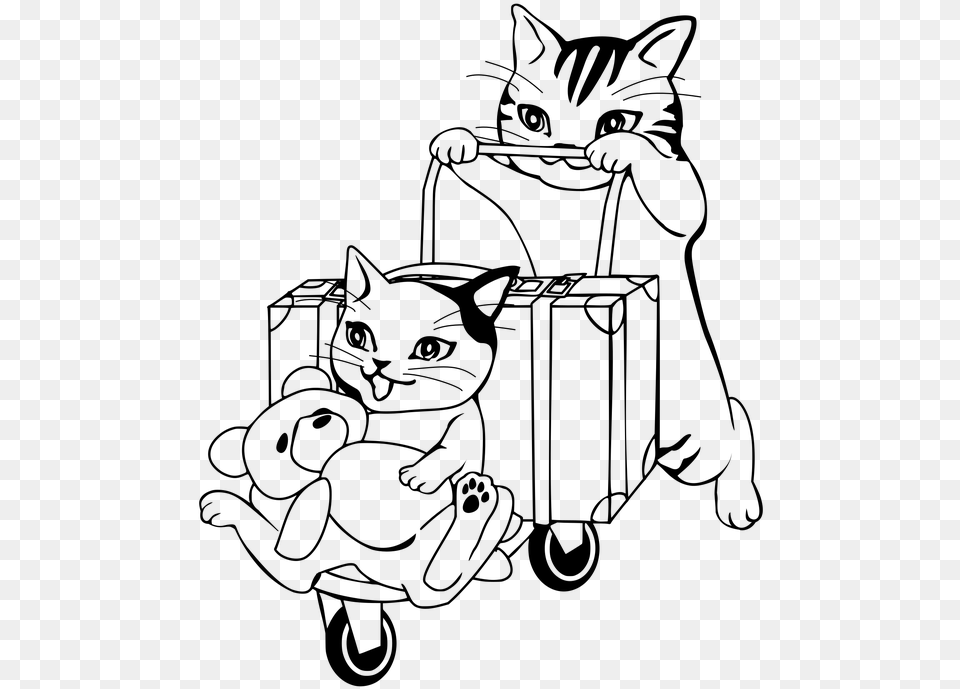 Cat In Suitcase Travel Coloring Page, Gray Free Png Download