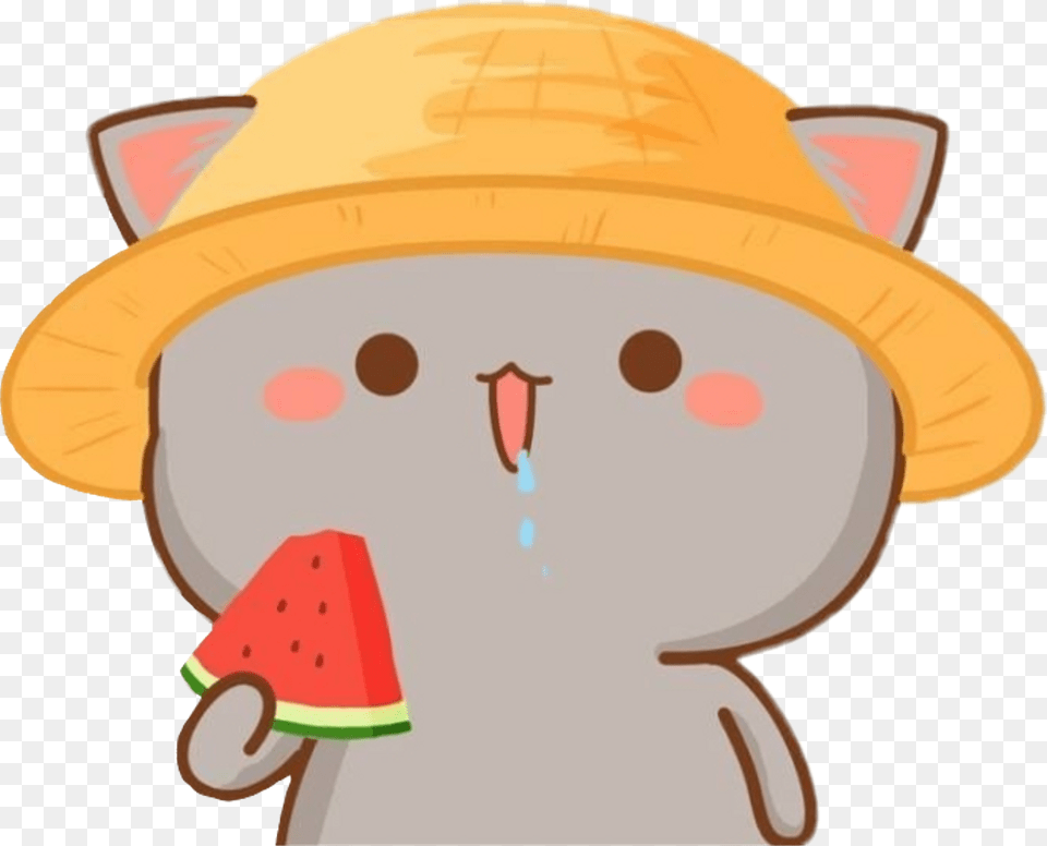 Cat Kawaii Cute Eat Watermelon Sanda Gato Cat With Watermelon Kawaii, Food, Fruit, Plant, Produce Png Image