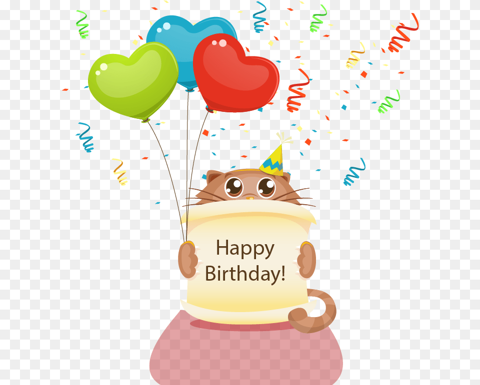 Cat Kitten Birthday, Clothing, Hat, Balloon, Birthday Cake Png Image