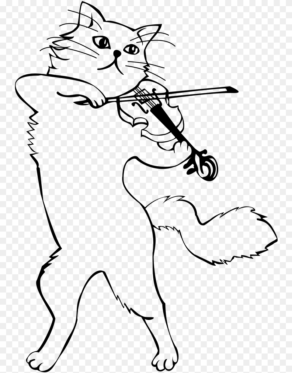 Cat Playing Violin Clipart, Gray Png