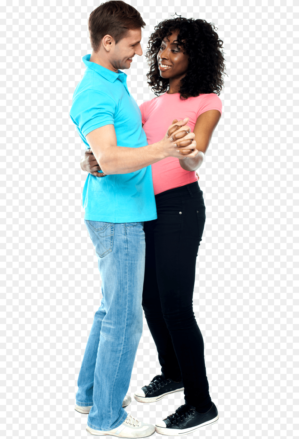 Caucasian Man In Teal Shirt Smiles At His African American, Jeans, Pants, Hand, Finger Png