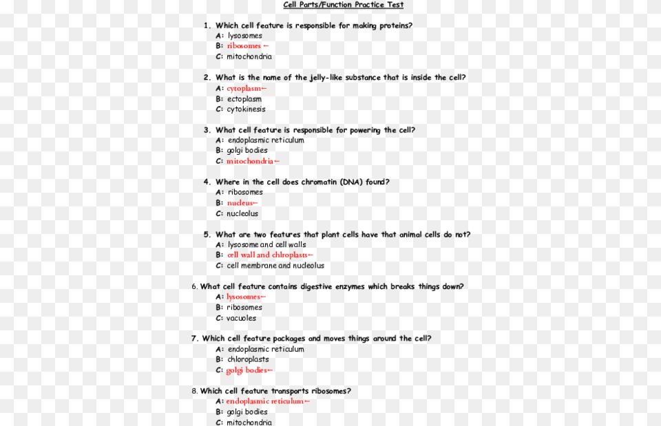 Cell Parts Function Practice Test, Chart, Plot, Text Free Png Download