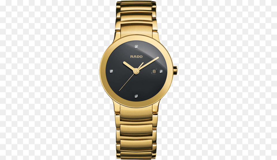 Centrix Jubile Black Diamond Dial Gold Plated Stainless Rado Gold Watch Women, Arm, Body Part, Person, Wristwatch Png Image