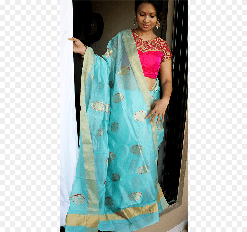 Chanderi Silk Saree In Turquoise With Large Motifs Silk, Adult, Clothing, Female, Person Free Transparent Png