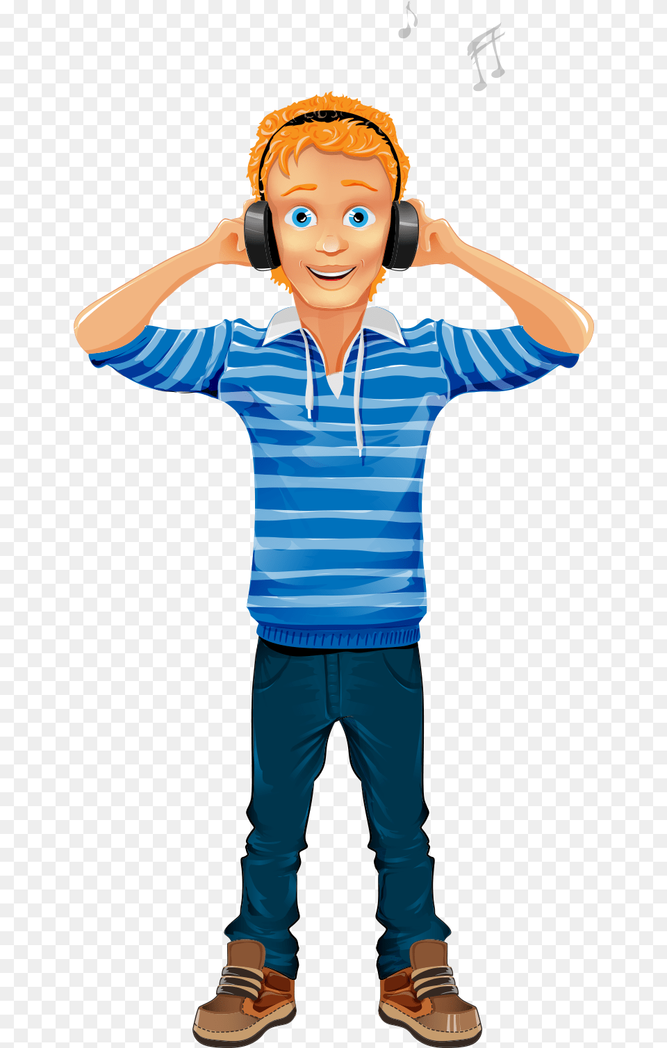 Character Cartoon Boy Illustration Boy With Headphones Vector, Pants, Male, Person, Clothing Png Image