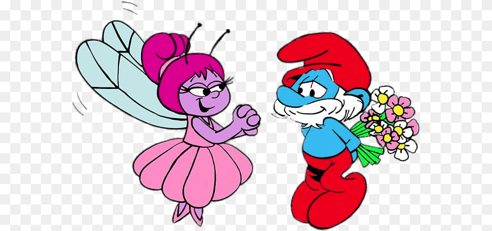 Check Out This Transparent Papa Smurf Giving Flowers To Fairy, Cartoon, Baby, Person, Dynamite Png Image