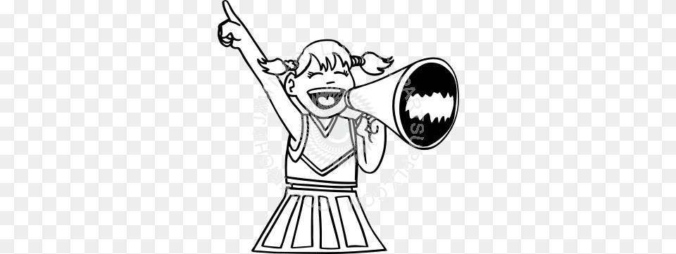 Cheerleader Girl Yelling In Bullhorn In Black And White, Person, Face, Head, Stencil Png Image