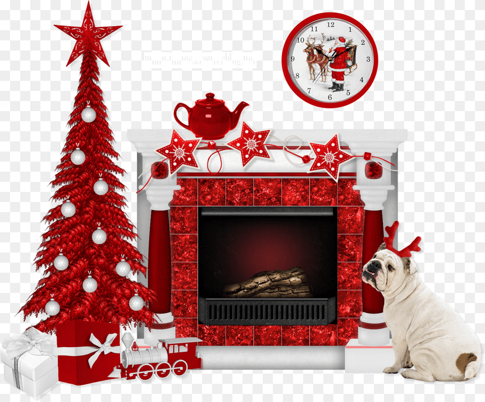 Chemine De Nol Sapin Chien Christmas Tree, Fireplace, Indoors, Animal, Canine Free Png Download