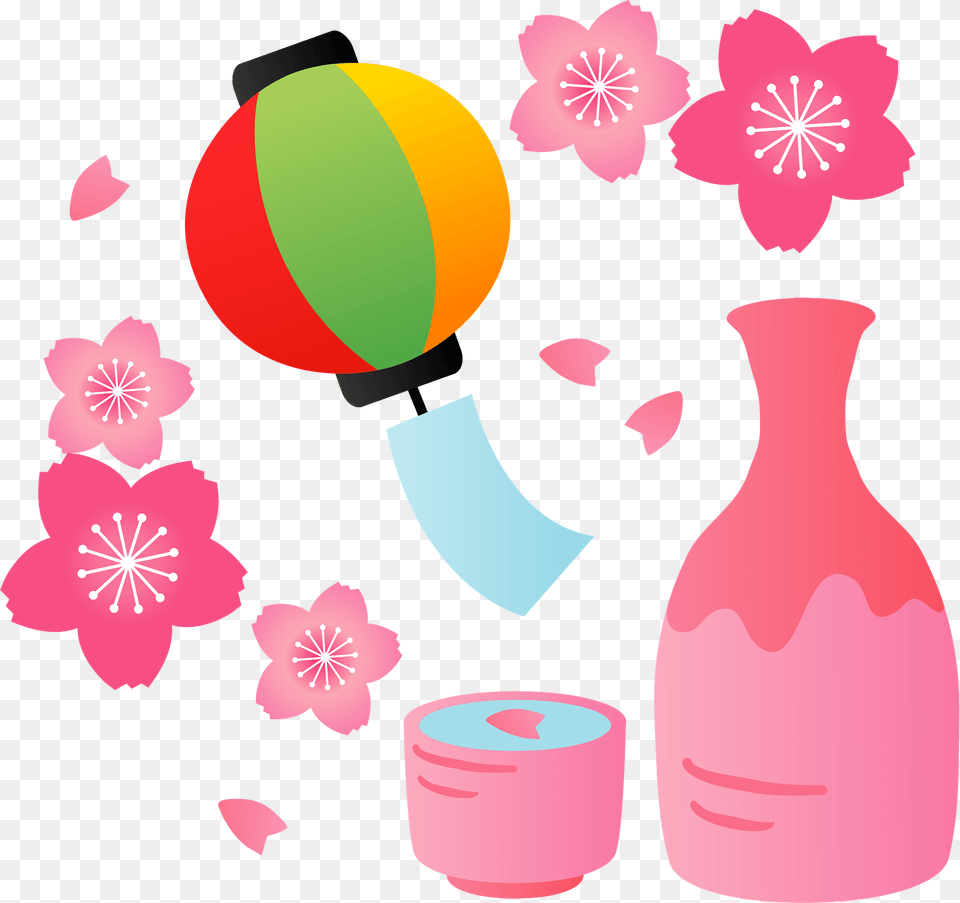 Cherry Blossoms And Sake Clipart, Art, Flower, Graphics, Jar Png