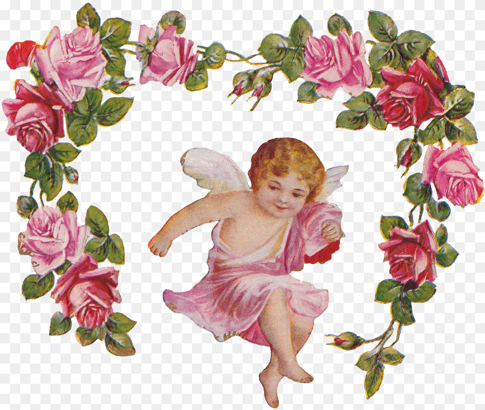 Cherub Angel Roses Vintage Flower Frame No Background, Baby, Person, Plant, Rose Free Png Download