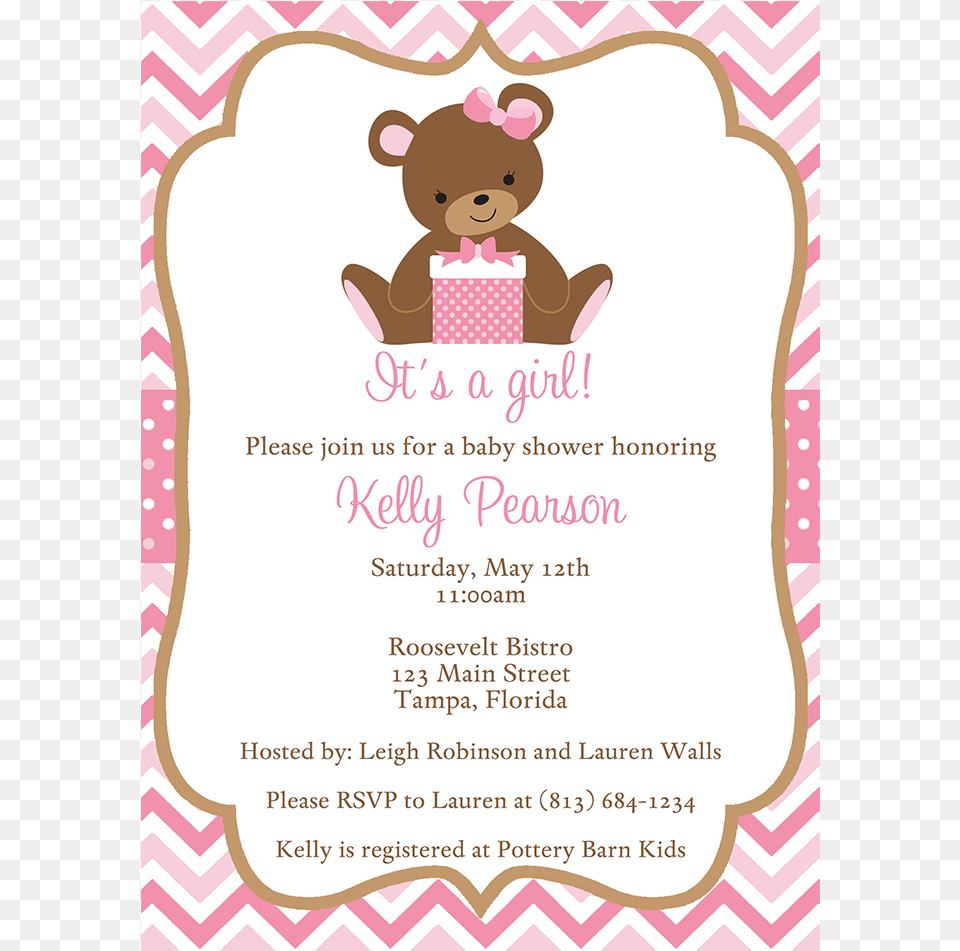 Chevron Teddy Bear Pink Baby Shower Invitation Teddy Bear Baby Shower Invitations, Advertisement, Poster, Animal, Mammal Free Png