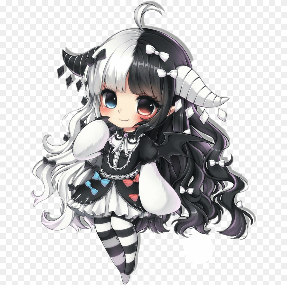 Chibi Demon Cute Blackblackandwhite Anime Kawaii Black And White Hair Anime Girl, Book, Comics, Publication, Baby Free Png Download